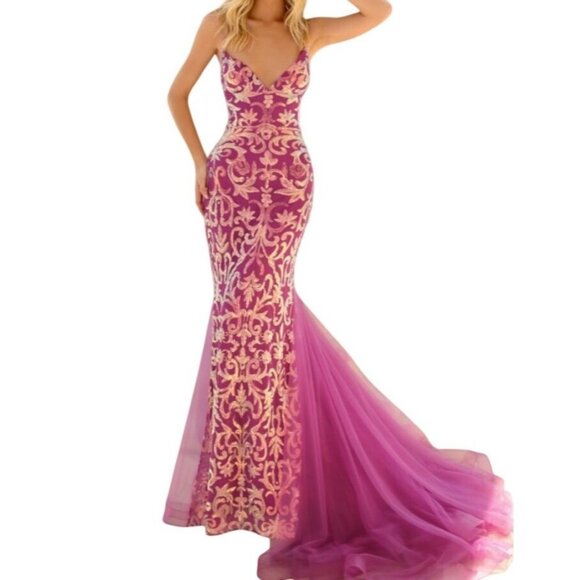 Clarisse Sparkle V-Neck Mermaid Prom Maxi Gown Fuchsia Magenta 800227 Size 4 NWT - Picture 6 of 6